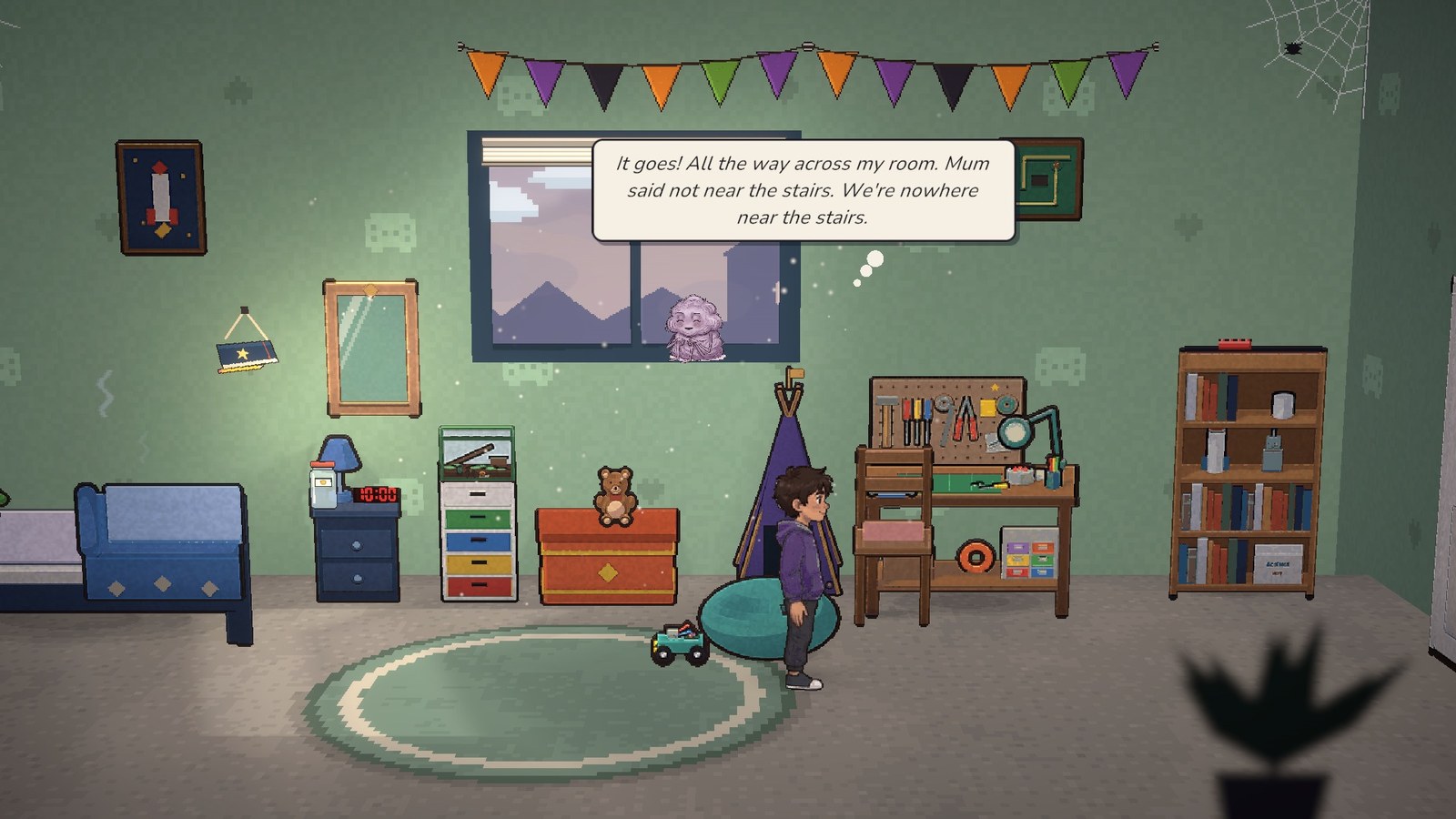 His robot car on all four wheels at last, driving across his bedroom floor